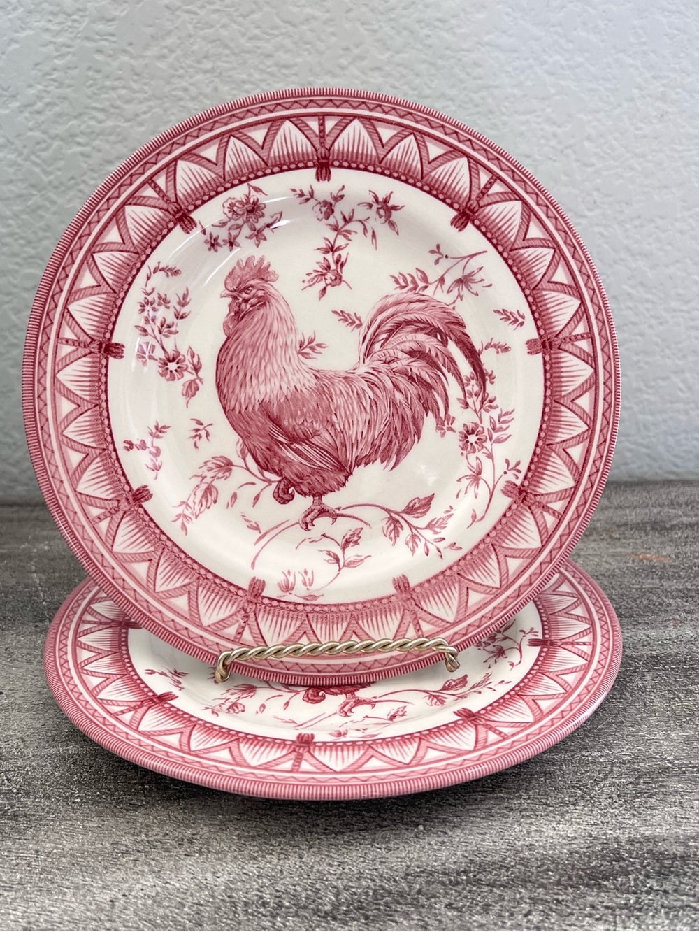 Set Of 2 Queen's China Red Rooster Salad Plate Toile Floral Tassel 8.25"